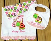 Personalized, reversible burp cloth and bib gift set,  custom made baby gift, baby girl cloth diaper and bib