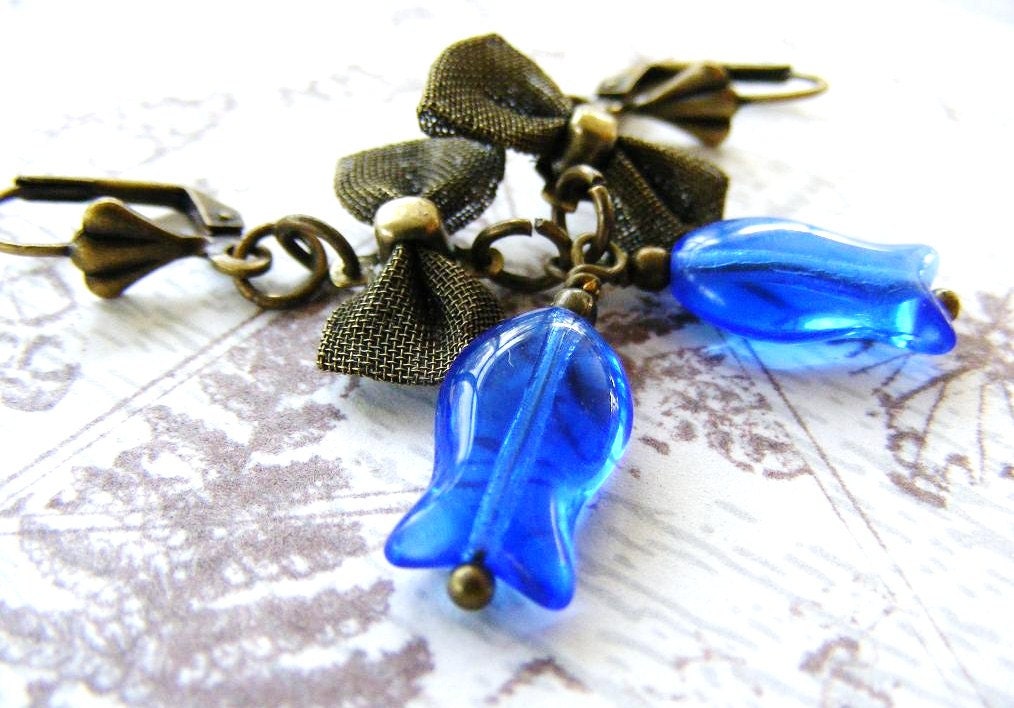 Darling Long Earring Dangles in Antique Brass Mesh Bow Charm and Blue Glass Wire Wrapped Bead Charm on Leverback Earwires