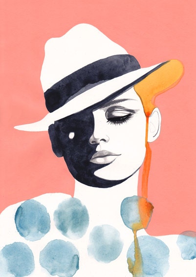 PRINT / White Hat and Blue Dots / 11x14