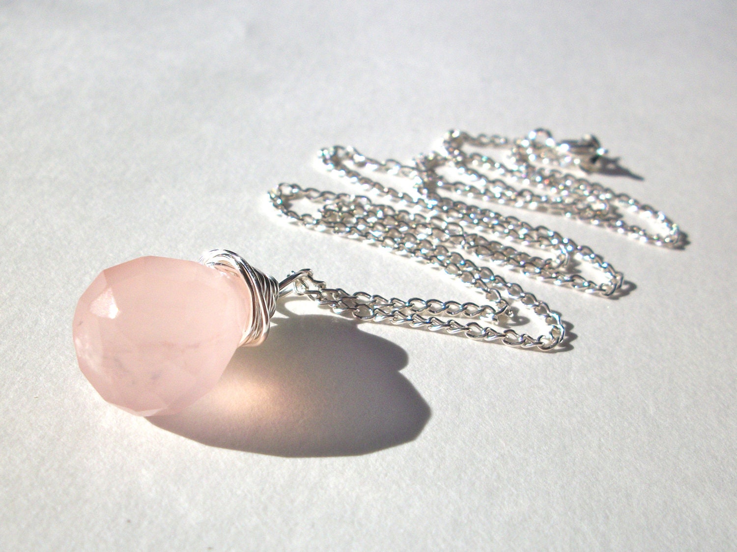 Rose quartz briolette necklace, large silver wire wrapped gemstone briolette jewellery