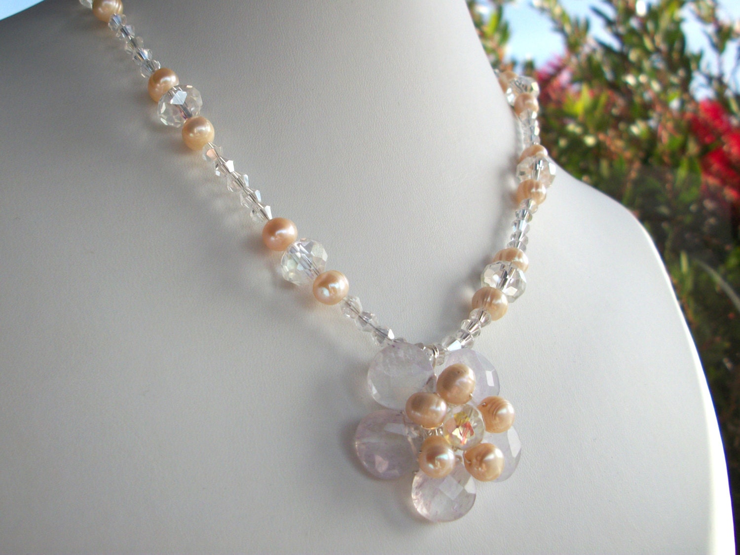 Wedding necklace, white flower jewellery, pearl bridal flower necklace wire wrap flower with clear crystal
