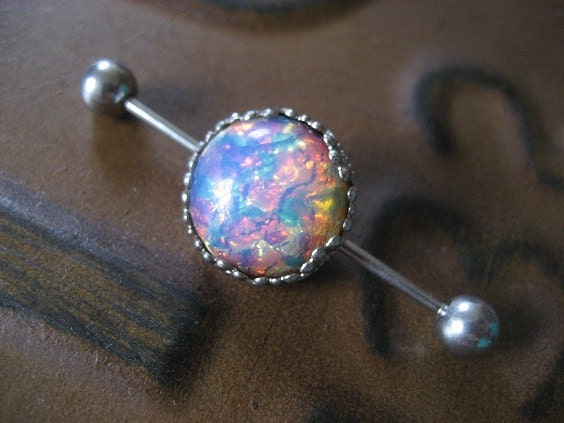 Chunky Fire Opal Industrial Barbell Piercing Earring Jewelry Pink Silver Surgical Steel 14g 14 G Gauge Bar