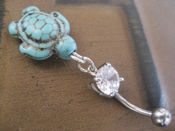 Turtle Belly Button Ring Jewelry Turquoise Charm Dangle Navel Piercing Bar Barbell