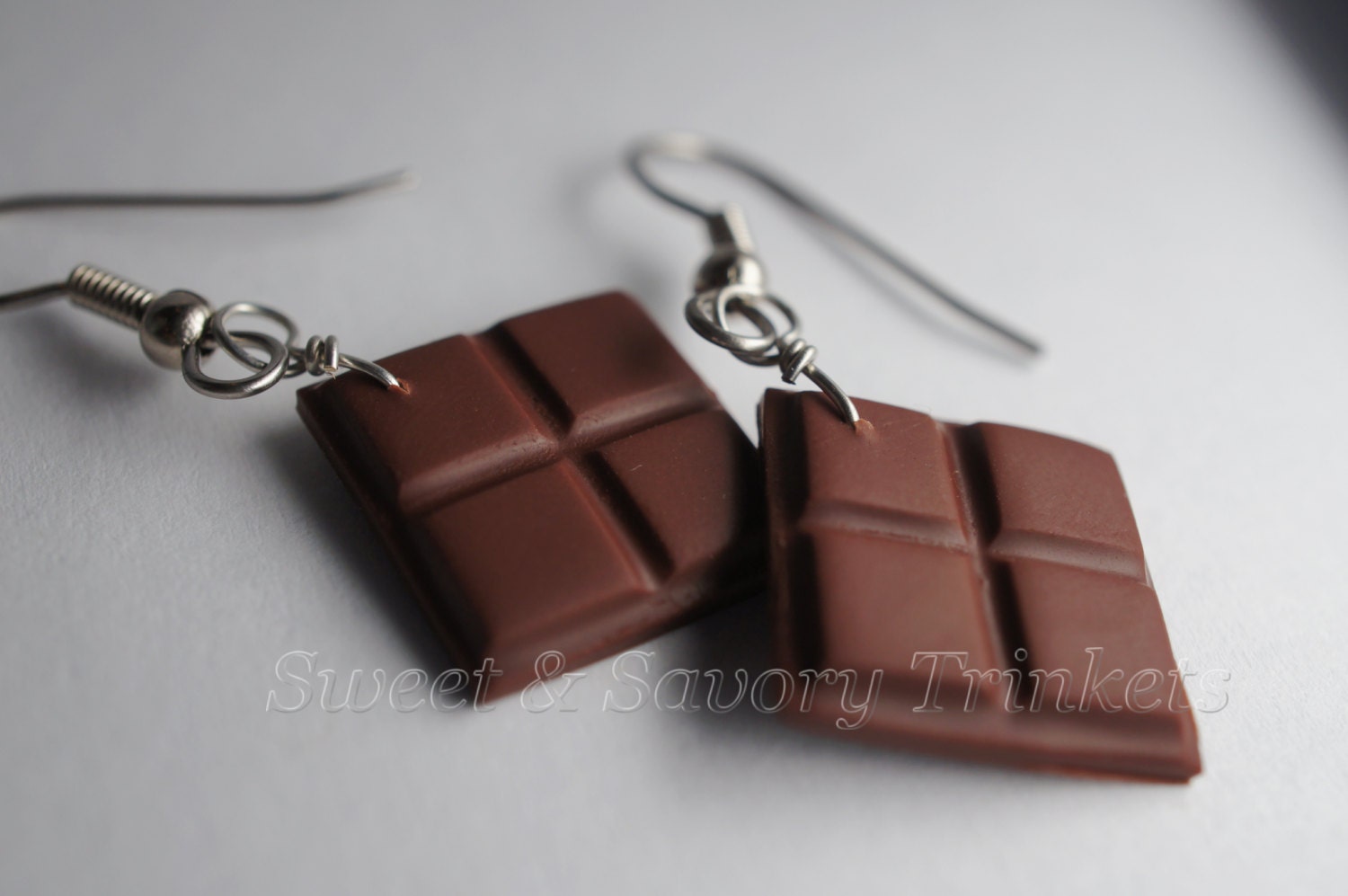 Dark Chocolate Earrings, Miniature Food Jewelry, Polymer Clay Food Earrings