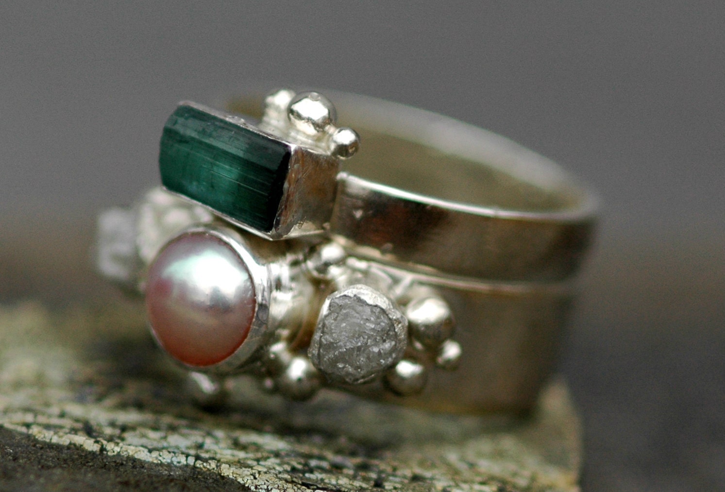 Rough Diamond and Pearl Engagement Band and Wedding Stacking Ring with Rough Specimen Set- Custom Made Custom Colour