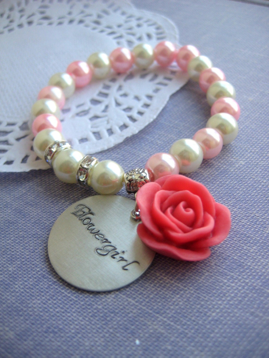 Flowergirl rose, stretchy glass pearl bracelet. Design your OWN. CHILD sized.