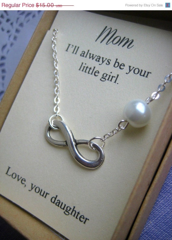 30% SALE Mom, mother, Infinity symbol, love, glass pearl connector necklace. Comes with FREE choice of wording, notecard, jewelry box.