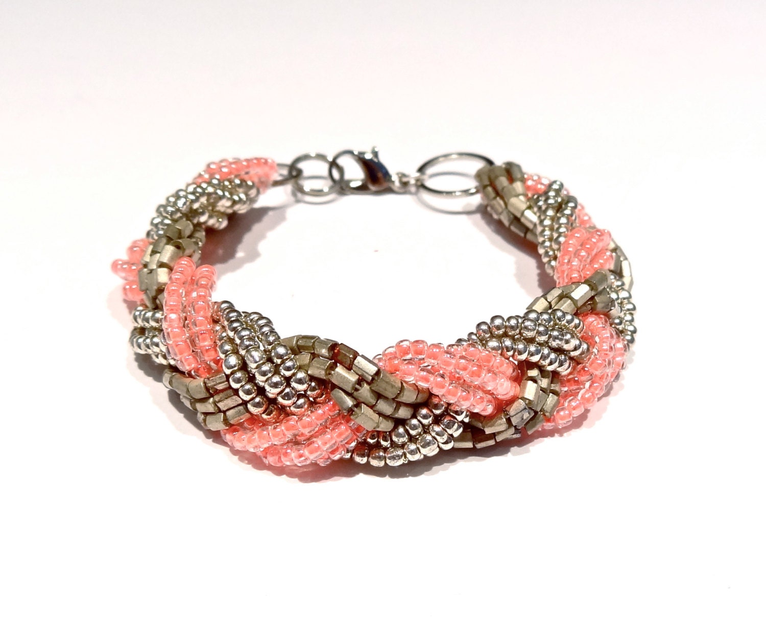 braided lives // braided shiny silver, geometric matted silver and shiny neon coral seed beads