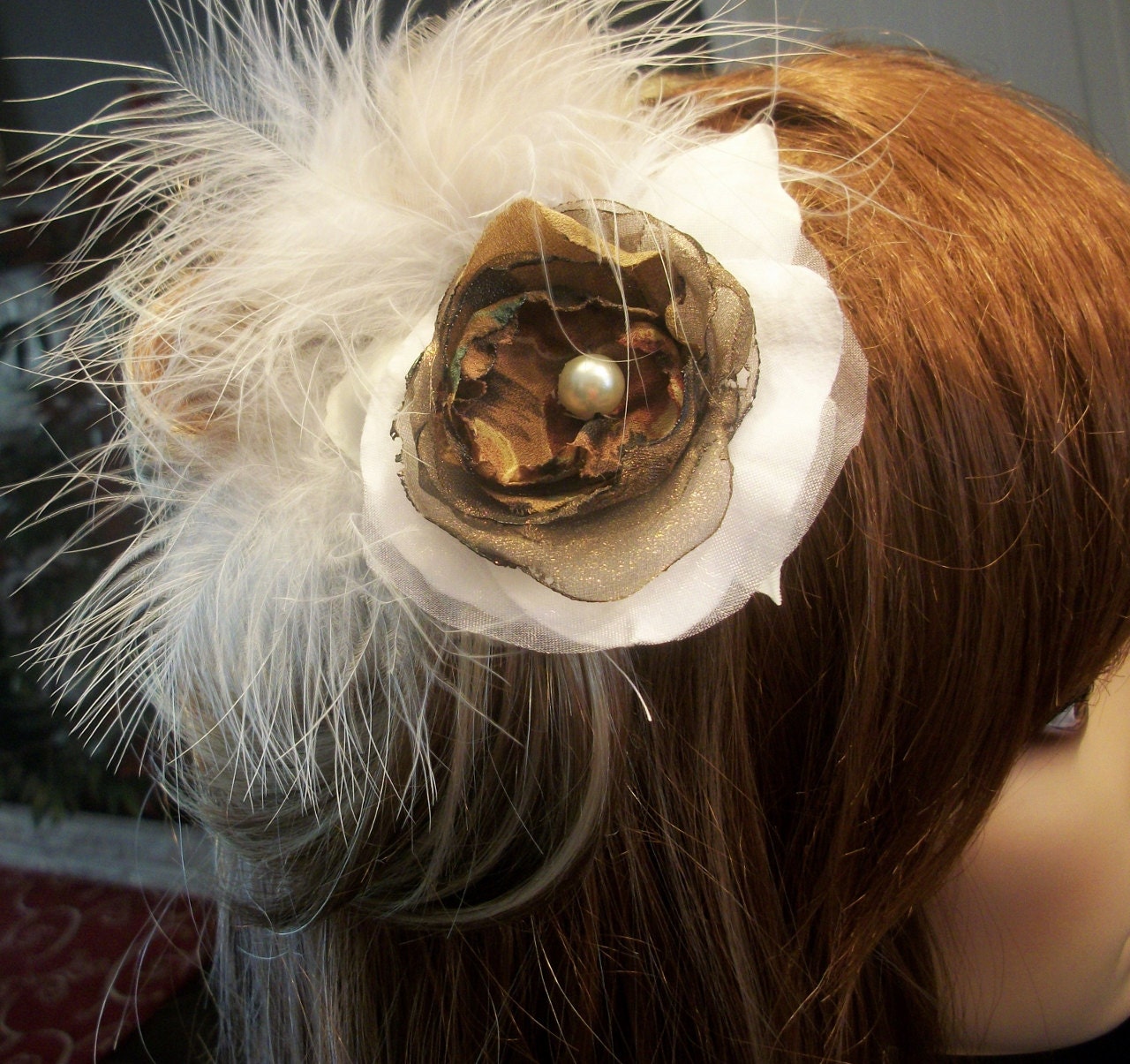 Rich rose amber twisted pearl centered fascinator featured