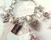 Going to Paris. Eiffel Tower, Heart, Je T'aime, Jeweled Crown, Music Charms Bracelet. Rhodium Plated.