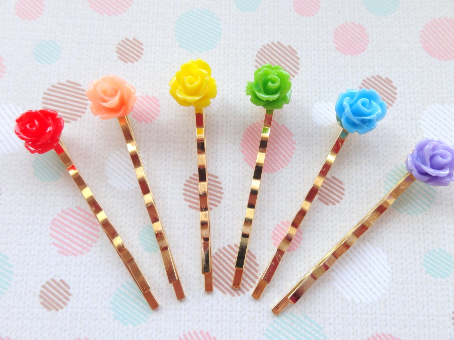 Rainbow Rose Bobby Hairpins. Set of 6 Colors.