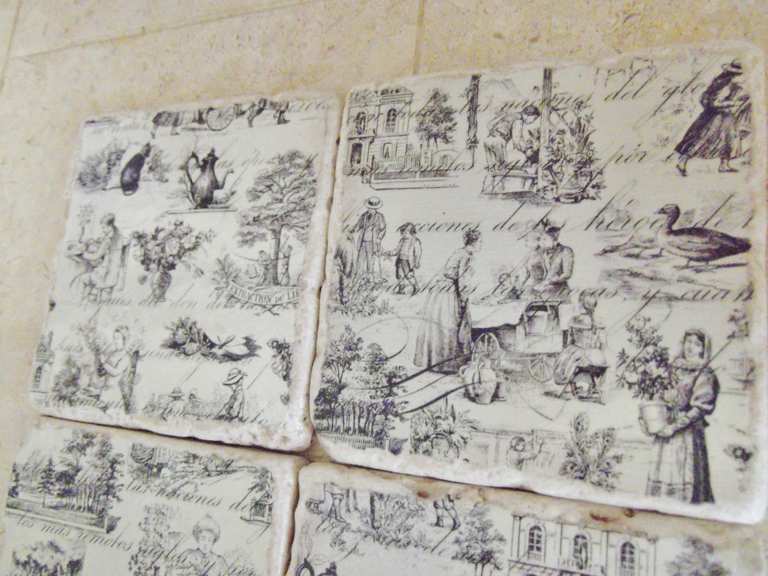 Coffee Table Coaster Set, Shabby Paris Apartment chic - Set of Turkish travertine tumbled stone coasters with stylish toile design