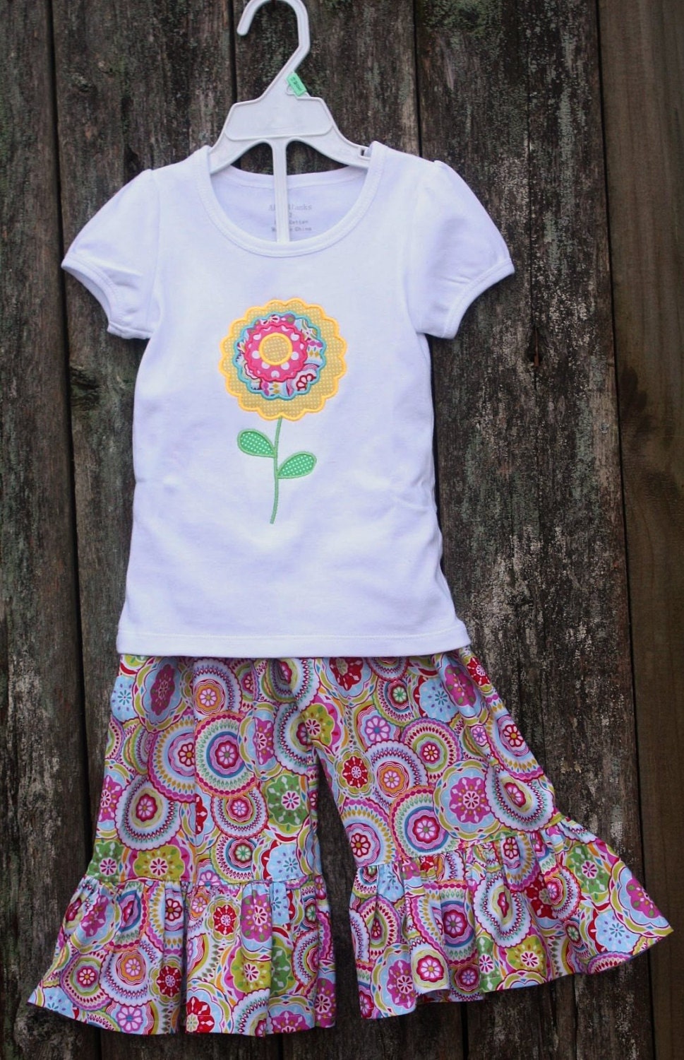 Whimsical Wide Leg Ruffle Pants with Woodland Flower Applique Shirt
