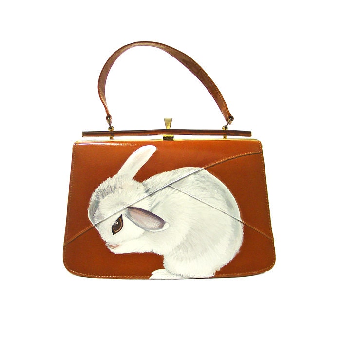 New - Hotot Rabbit Spring Cleaning purse  - handpainted / OOAK / vintage caramel leather handbag or box purse - 50s preowned upcycled