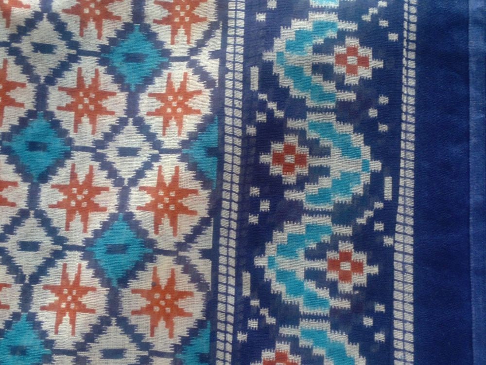 Indian Cotton Blue Turquoise Brown Cream Fabric Ikat Print