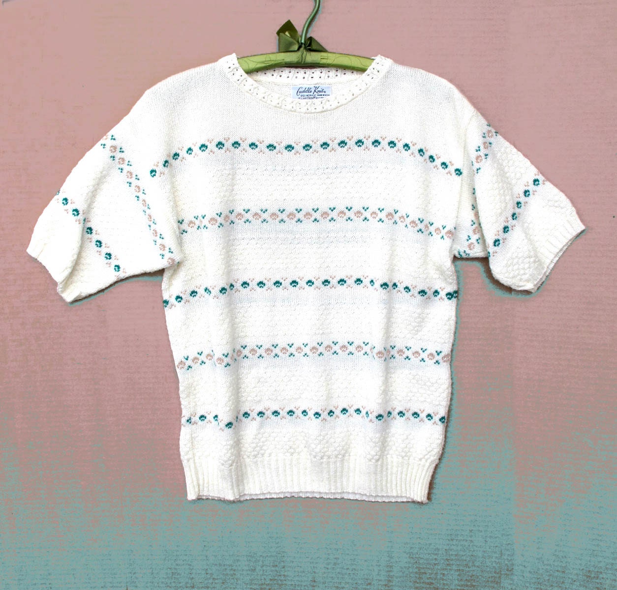 70s Hipster Secretary Sweater Short Sleeve Mixed Stitches Cuddle Knits Cream Green Tan Medium