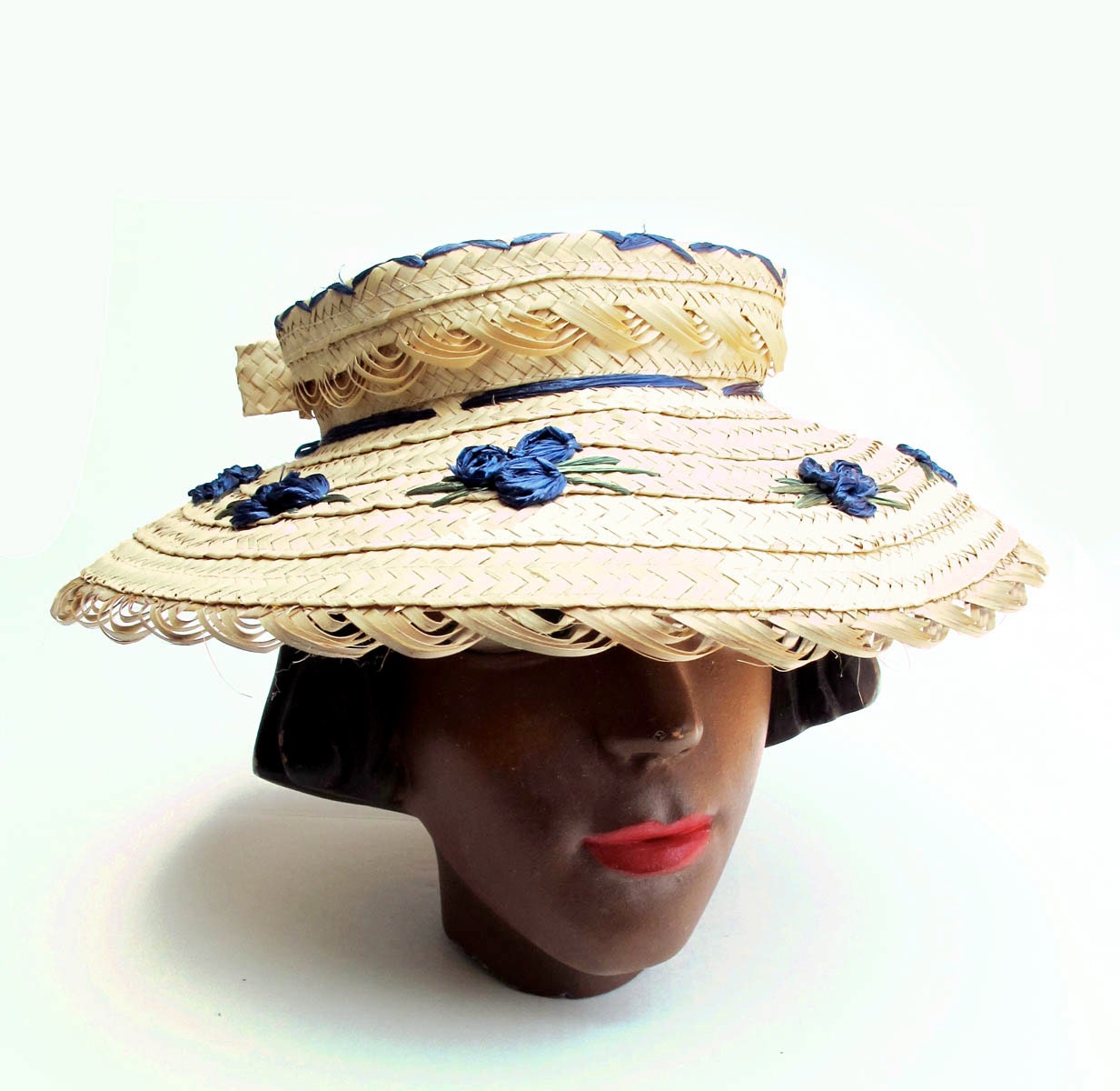 Summer Sun Bonnet Hat Natural Straw with Blue Flowers Adult S