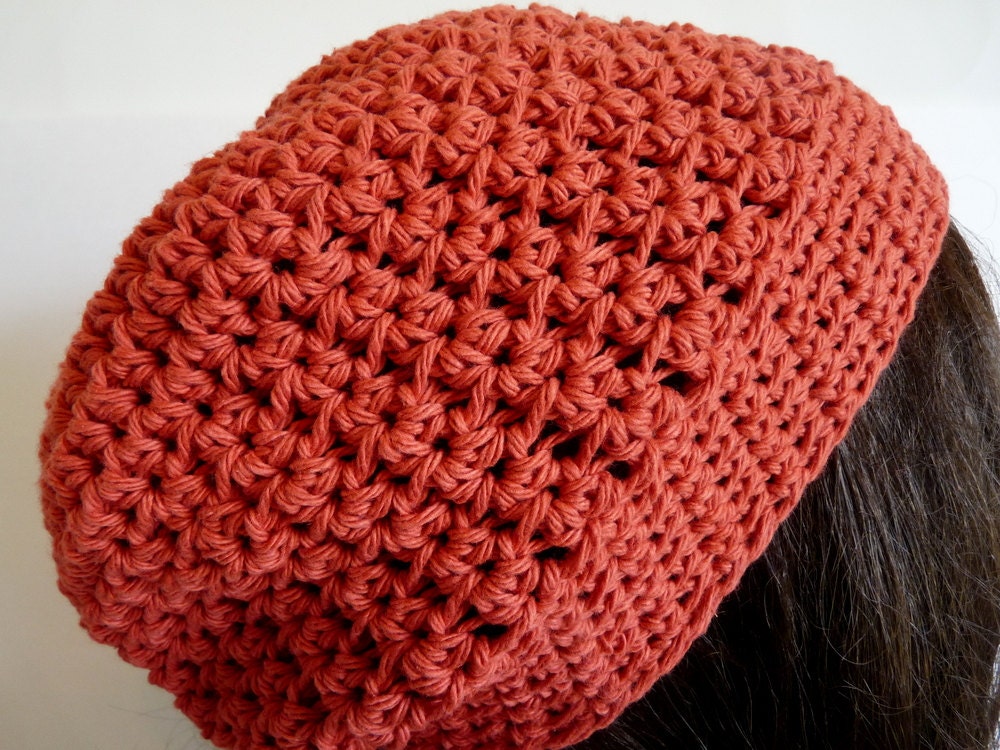 Crochet Cotton Beanie in Terra Cotta Orange, Spring and Summer Hat
