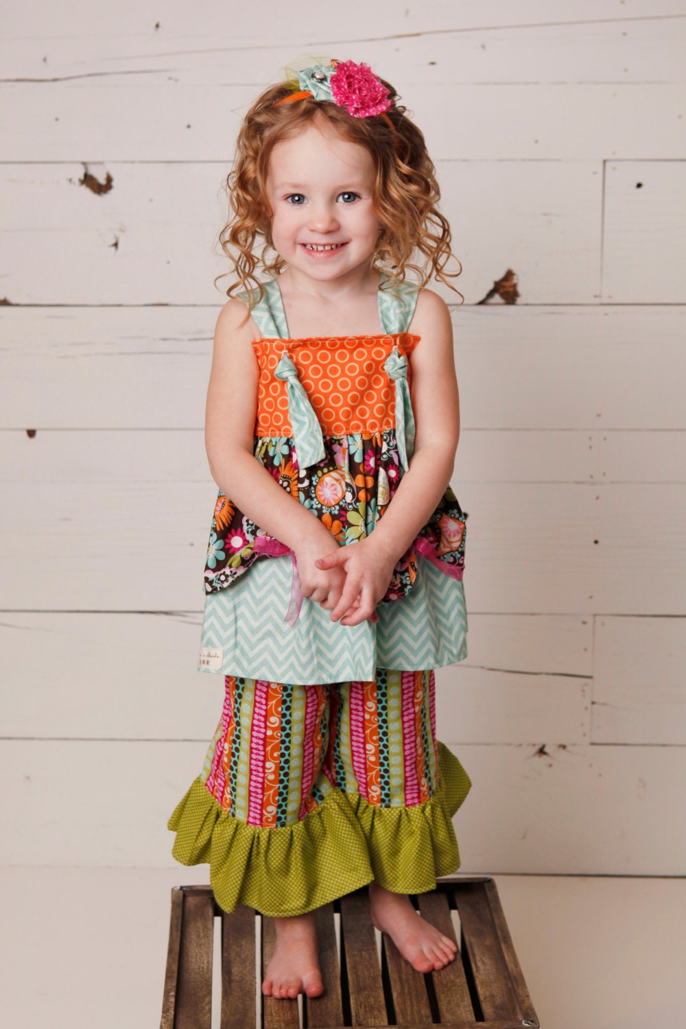 Single Ruffle Capris-Full Bloom Collection-Bright Colors in Stripe with Lime Green Dot Ruffle 0-6 mo, 6-12 mo, 12-24 mo, 2 3 4 5 6 8 10