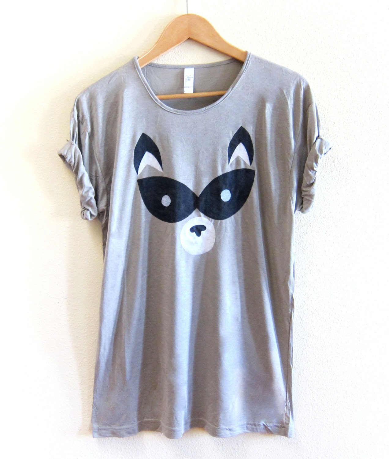 Geo Raccoon - Viscose Scoop Neck Oversized Tee with Rolled Cuffs in Black White and Taupe - S M L XL