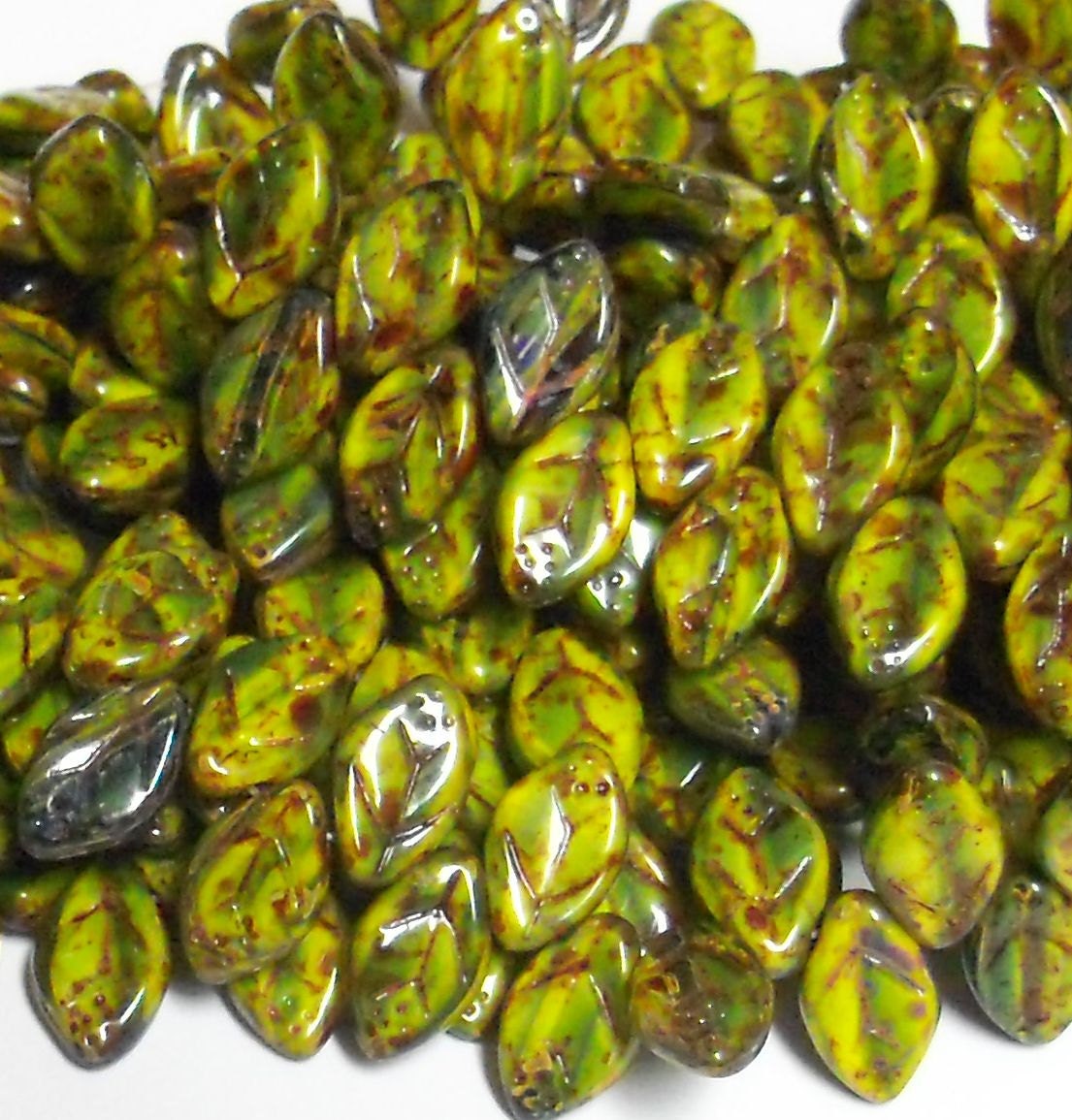 Czech Pressed Glass 12x7mm Leaves - Opaque Yellow/Jet Picasso  - 20 pcs