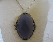 Circa 1920 Chalcedony and Marcasite Pendant Necklace Set in Sterling Silver