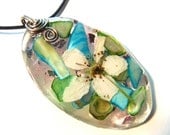 White Flower Mosaic Resin Pendant Blue Green Purple Bohemian Jewelry Nature Necklace Large Oval Wire Wrapped Colorful Shiny Boho Adjustable