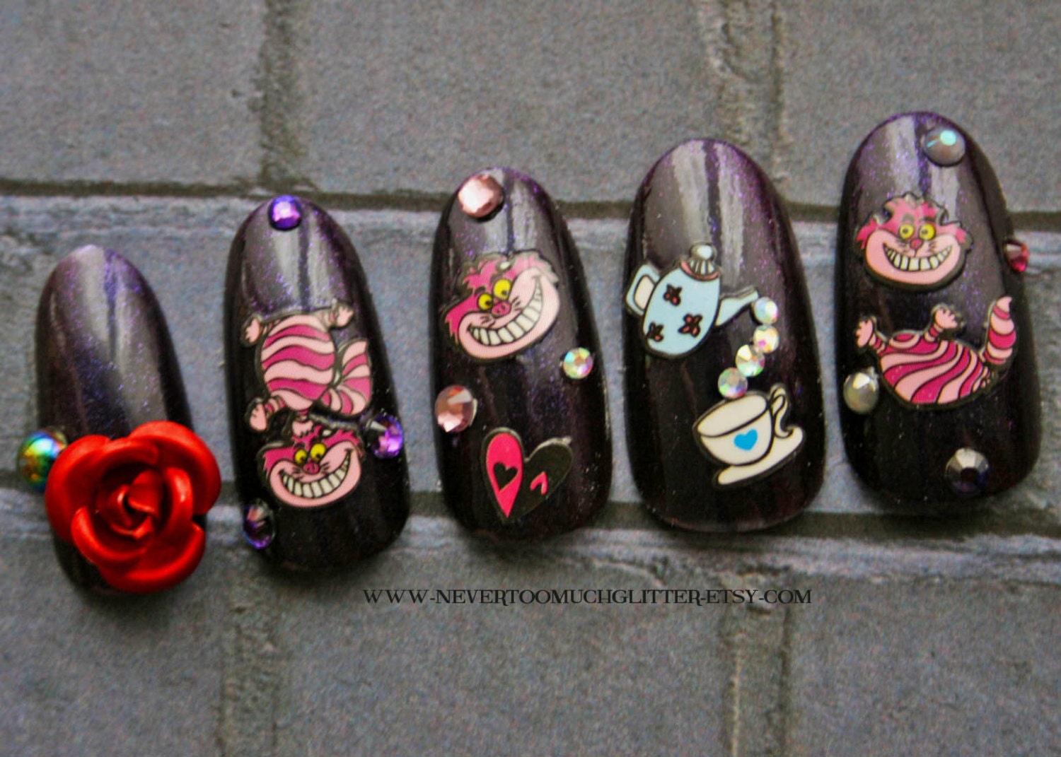 False Nails- 3D Japanese Nail Art- Dark Alice in Wonderland- Fake Nails