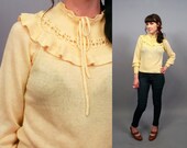 Vintage Spring Yellow Ruffle Collar Pointelle Open Knit Sweater Top ( S )