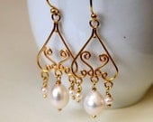 Gold Filigree Pearl Earrings -- Cultured Teardrop and Round White Pearls