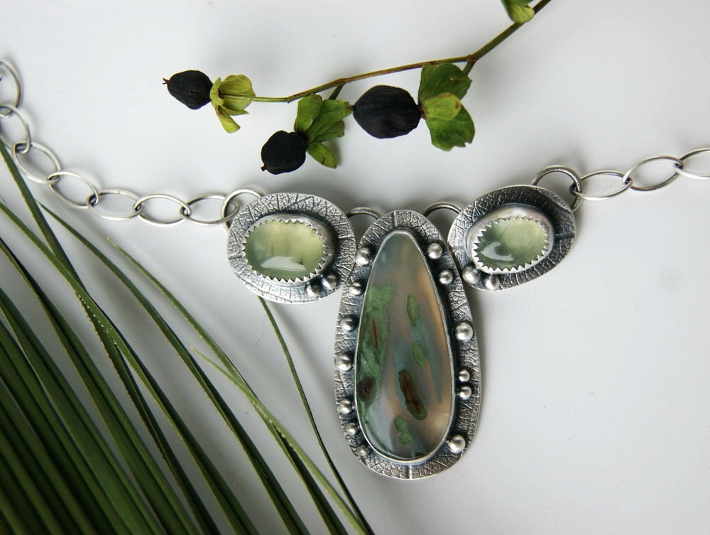 Reserved - The Story of Spring - Bull Canyon Agate and Prehnite Sterling Silver Necklace