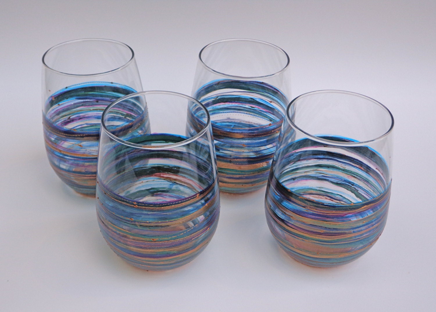 Hand Painted Wine Glasses- Blue and Purple- Set of 4 Stemless