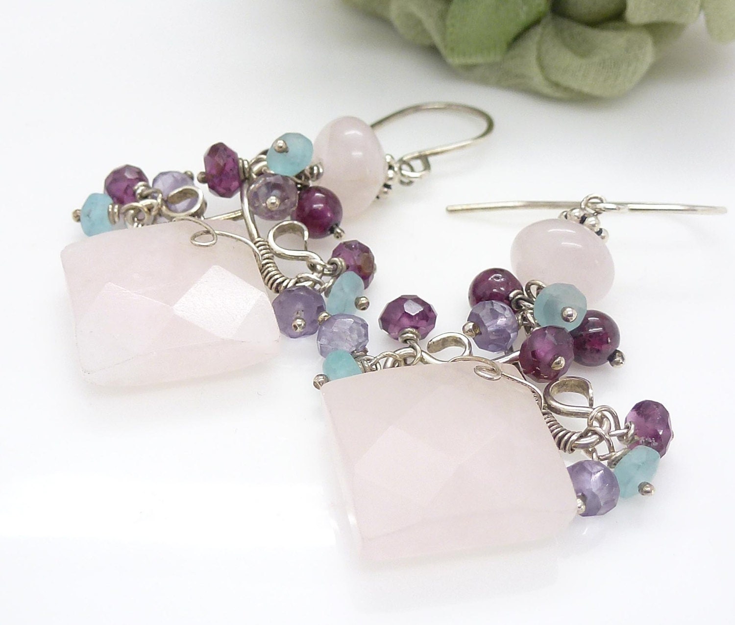 Rose quartz earrings, Pink chandelier earrings, Sterling silver wire wrapped earrings, Handmade rose quartz jewelry