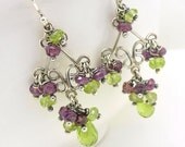 Sterling silver garnet and peridot earrings - Dark pink and green chandelier earrings, Pink garnet and peridot gemstone jewelry