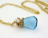 London blue topaz necklace, Gold blue topaz jewelry with white freshwater pearls, december birthstone necklace