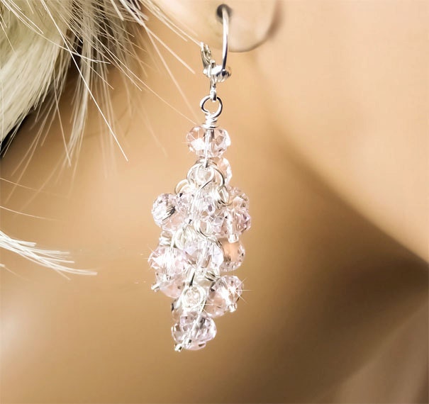Crystal Bridesmaid Earrings, Light Pink Swarovski Crystal Waterfall Dangle Earrings, Bridesmaids Wedding Earrings - Laura WE0165