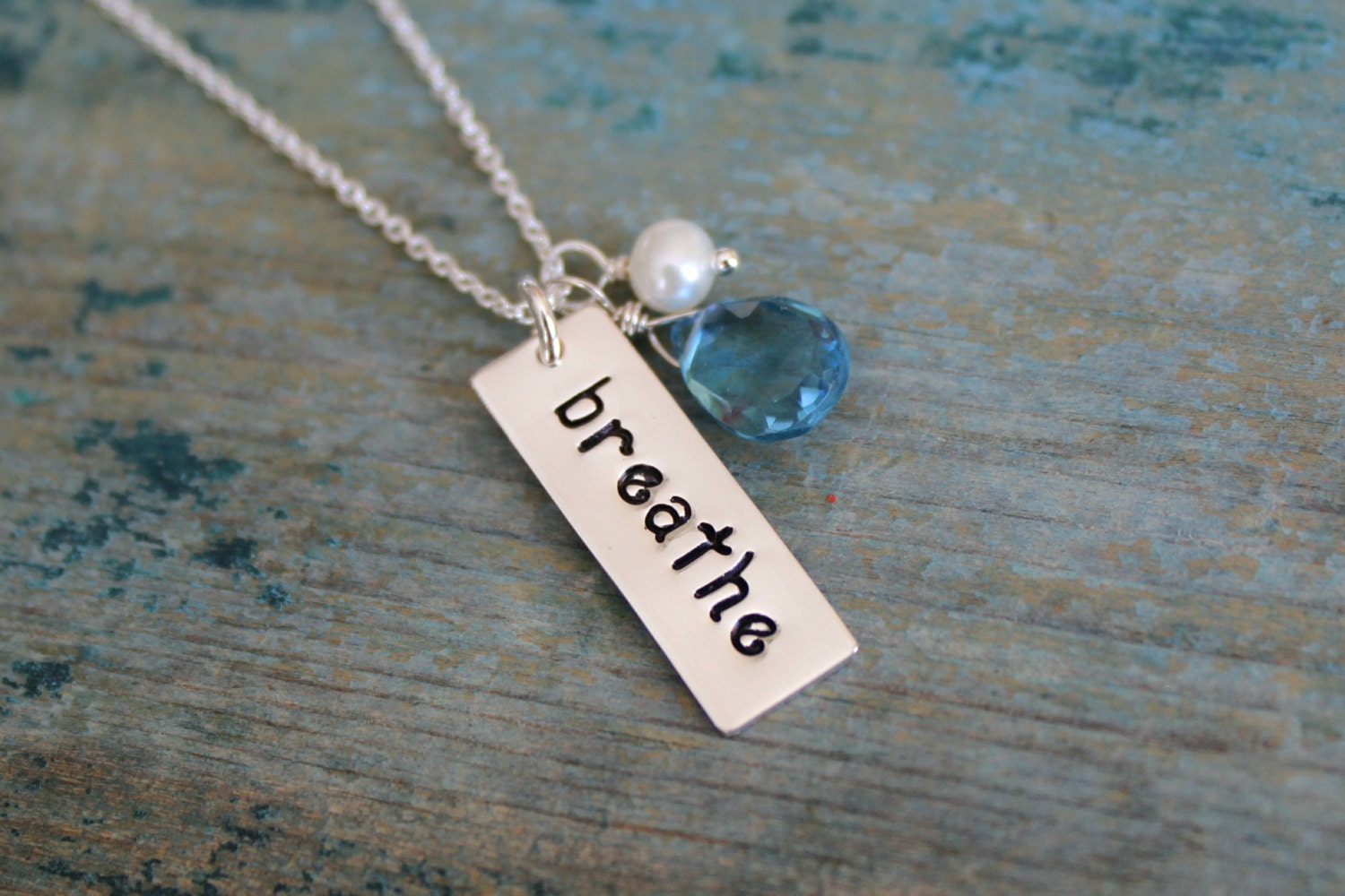 Personalized sterling silver bar necklace - pearl, london blue quartz, handstamped name, custom word - breathe yoga gift
