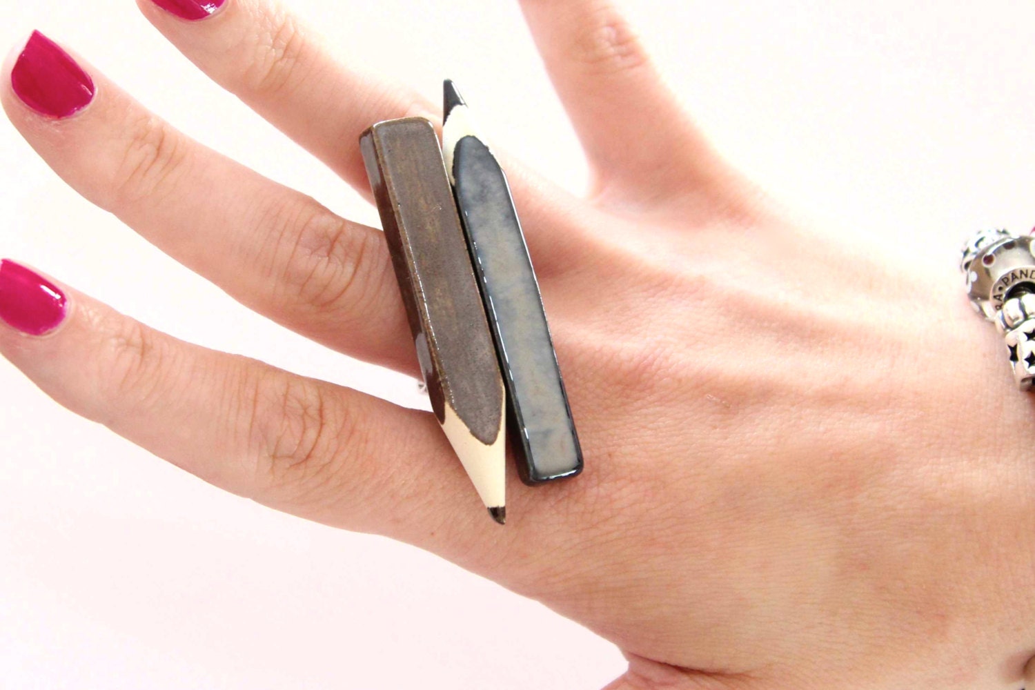 Statement Fashion Ring Ceramic - big bold oversized handmade cocktail ring - CERAMIC PENCILS  - 2.3 inch
