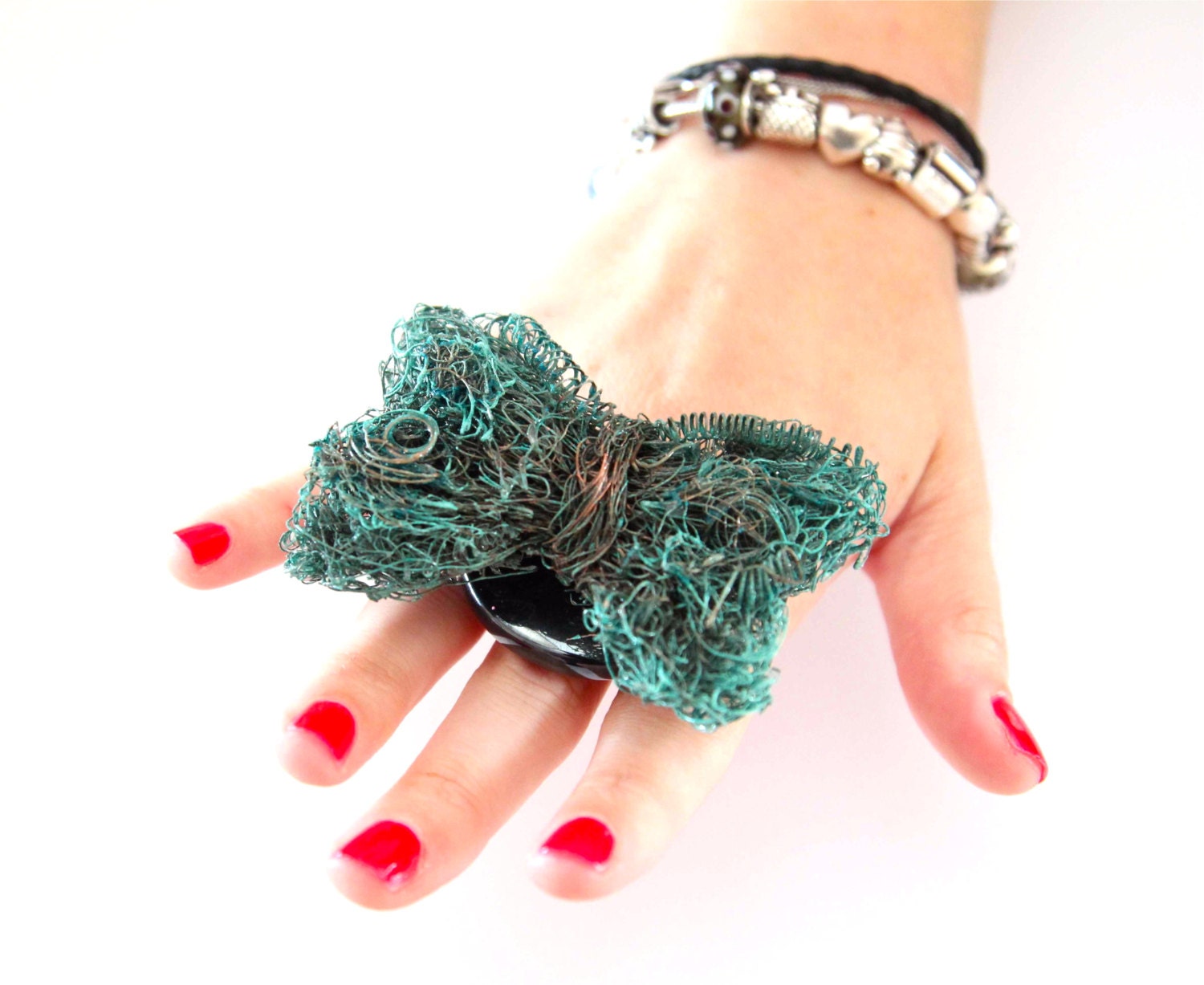 Bow Tie Industrial Statement Ring - big bold handmade adjustable ceramic and copper cocktail ring - 2.9 inch