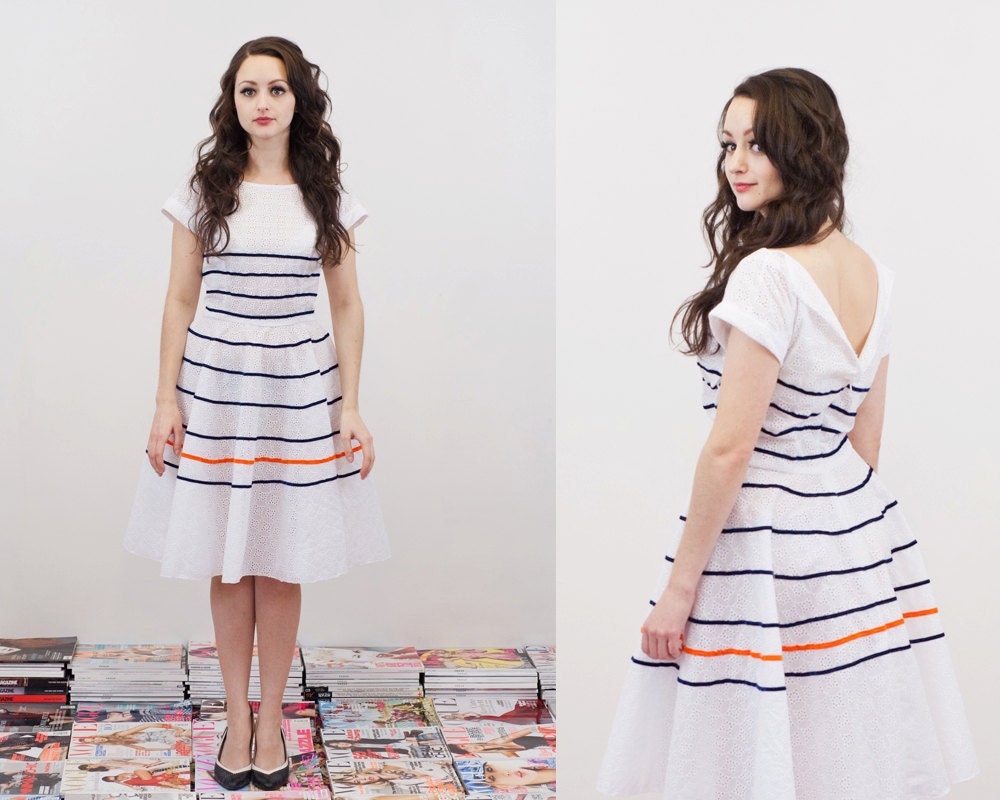 White Stripe Tea Dress - Embellished Full Skirt - Made to Order