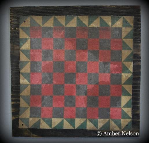 Primitive Fabric Antique Transfer on Wood checkers Game board Gameboard folk art