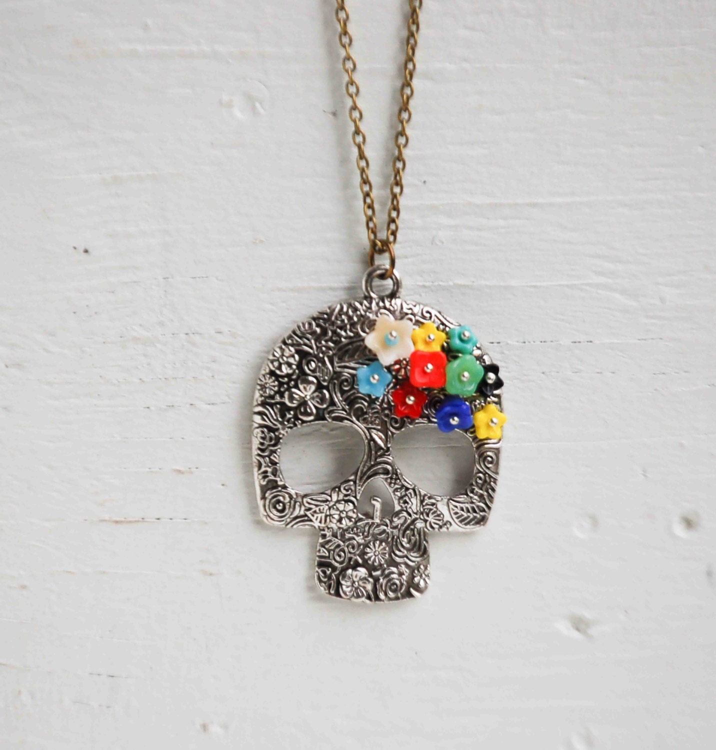 Day of the Dead SUGAR SKULL Flower Pendant Glass Flower Beads Silver Skull Spiritual Folk Art Mexican
