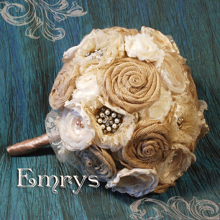 Burlap and Vintage Lace Fabric and Brooch Bouquet