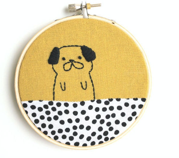 Pierre the pug - Hand embroidered wall art - Made to order