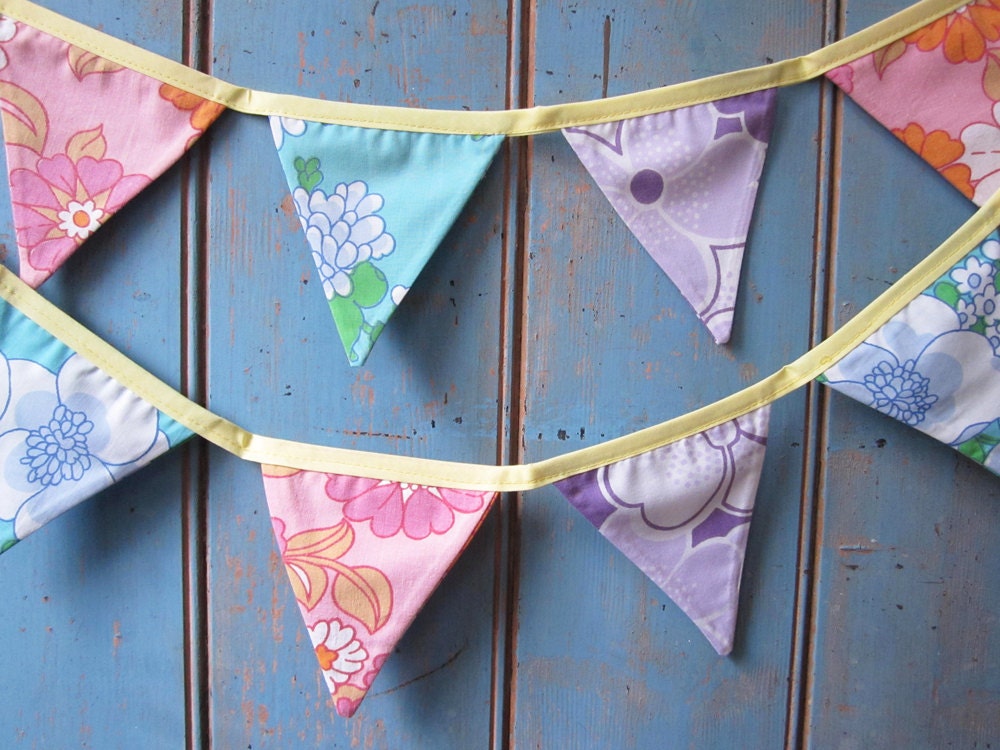 Small Classic Bunting. Colours - Purple, Pink and Turquoise.  Fabric Patterns - Retro Flowers.