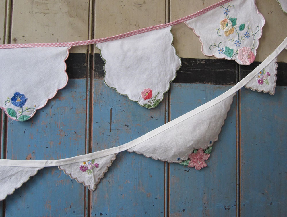 Vintage Linen Bunting.  This piece has some lovely appliqued details on off white vintage linen.