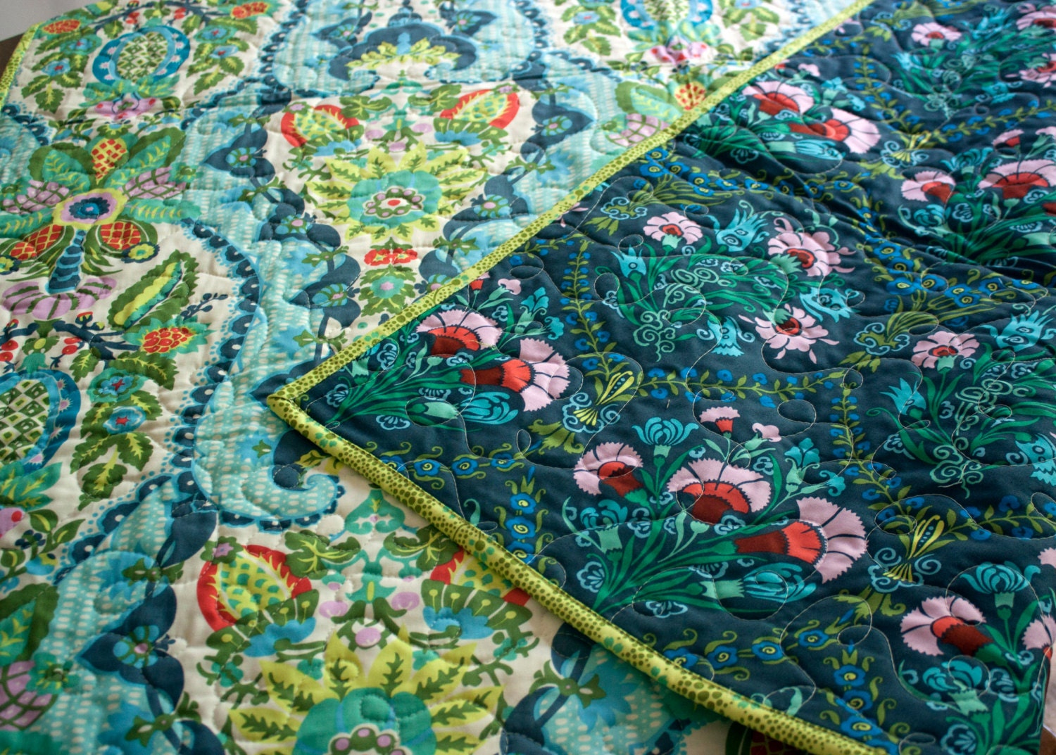 amy butler quilt // modern floral quilt for couch throw or bedroom accent // navy blue lime colorful wholecloth quilt