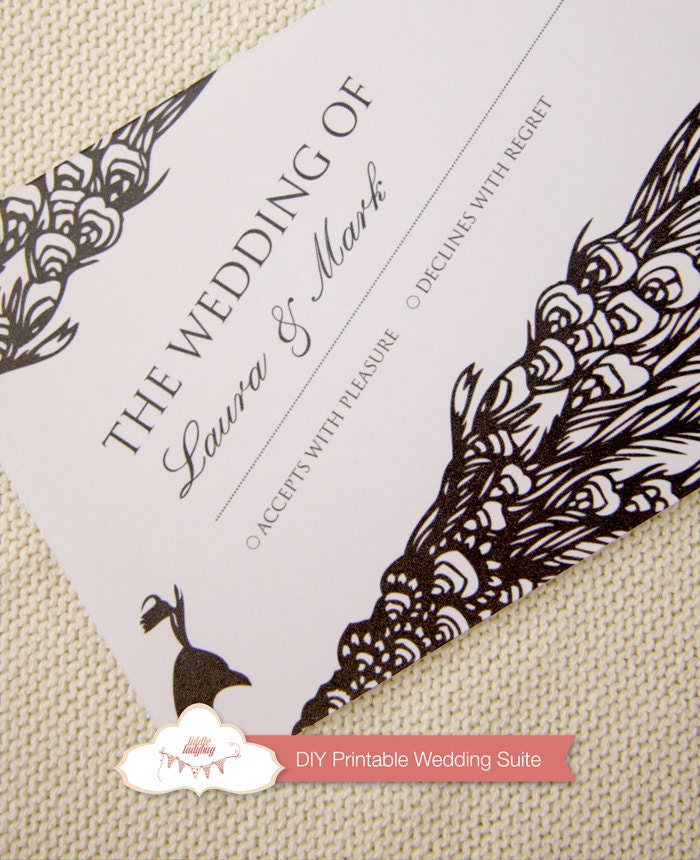 Printable Wedding Invitation Suite -  Classic , Black And White , Peacock Wedding