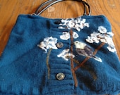 Sapphire Blue Felted Purse with Goldfinch