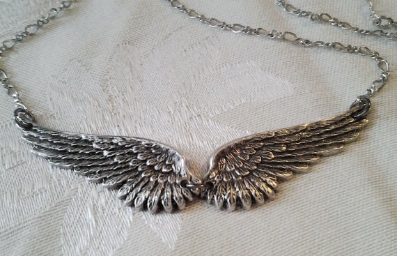 Angel Wing Necklace Antique silver Large Pendant adjustable chain Sterling Silver Ox finish Special gift for her